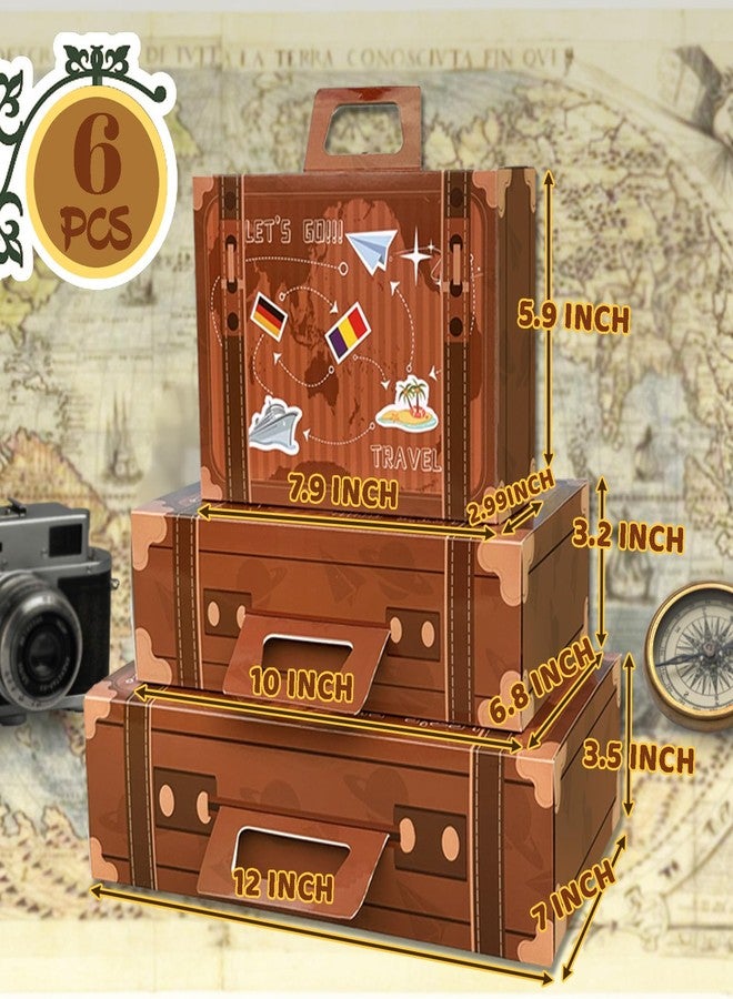 8HREST 6 Pcs Large Vintage Travel Suitcase Box Travel Party Decorations Paperboard Suitcases Gift Box Decorative Set of 3 Small Stackable Storage Chests Decor for Themed Party Favors (Brown) - Image 3